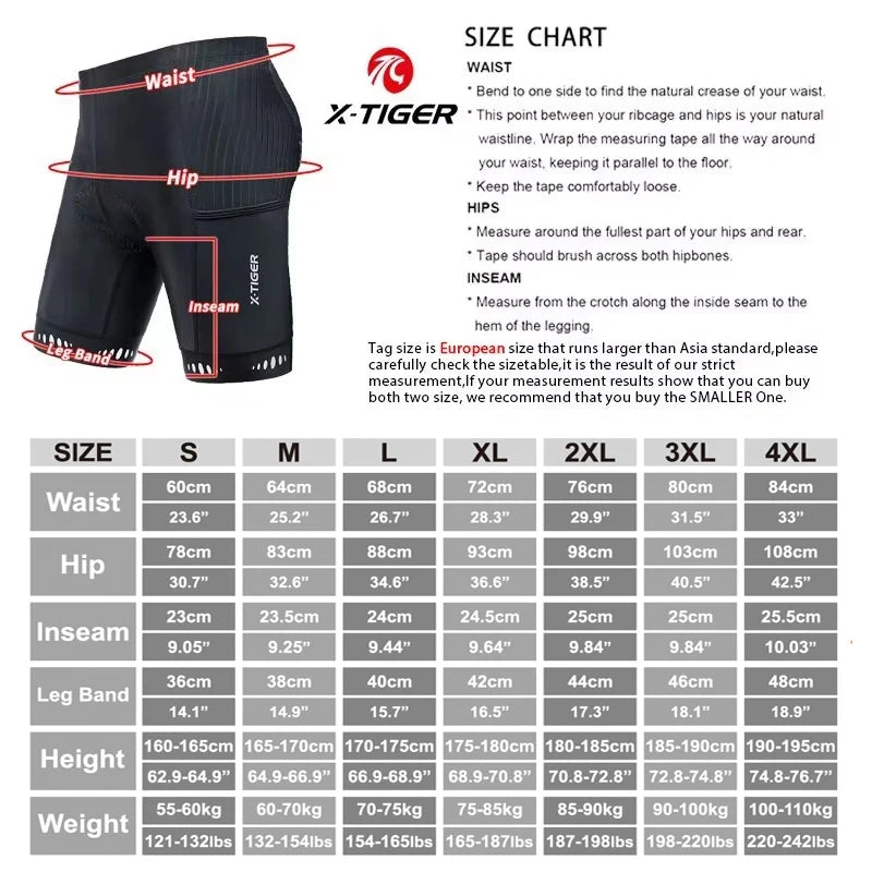 X-TIGER Men's Cycling Shorts Three Pockets 5D Gel Pad Bike Shorts Reflective MTB Mountain Road Cycling Tights