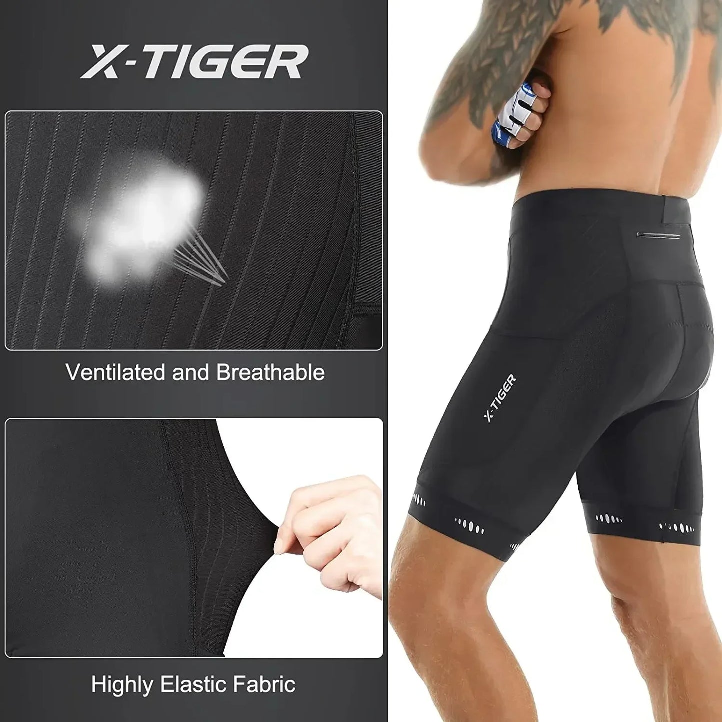 X-TIGER Men's Cycling Shorts Three Pockets 5D Gel Pad Bike Shorts Reflective MTB Mountain Road Cycling Tights