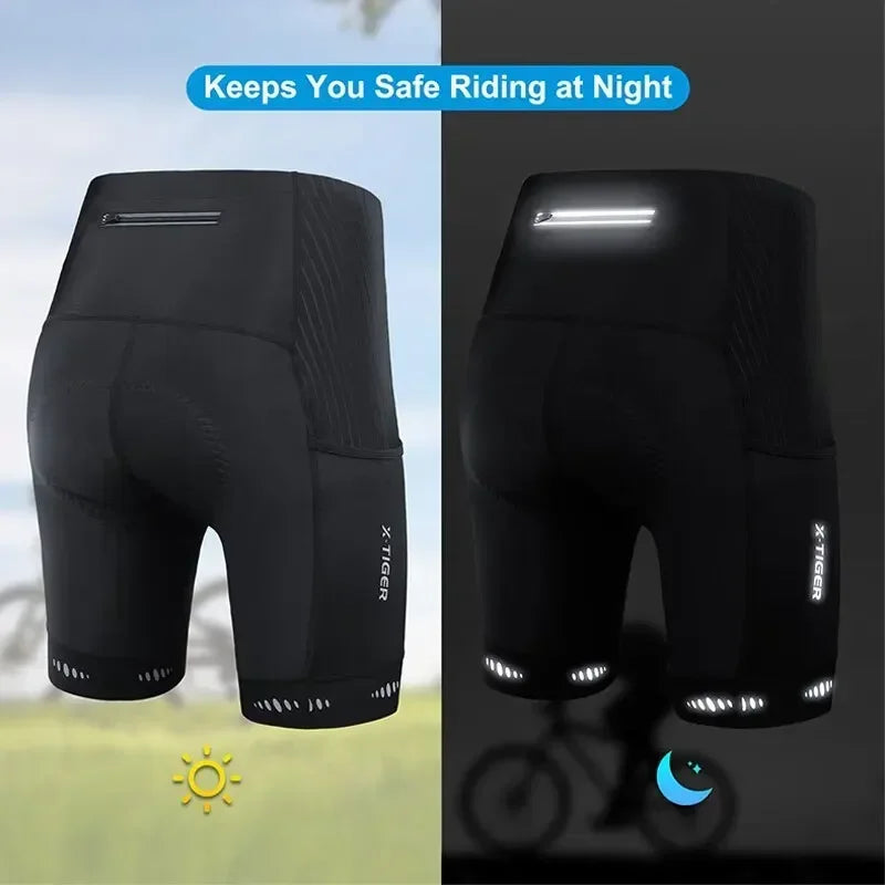 X-TIGER Men's Cycling Shorts Three Pockets 5D Gel Pad Bike Shorts Reflective MTB Mountain Road Cycling Tights