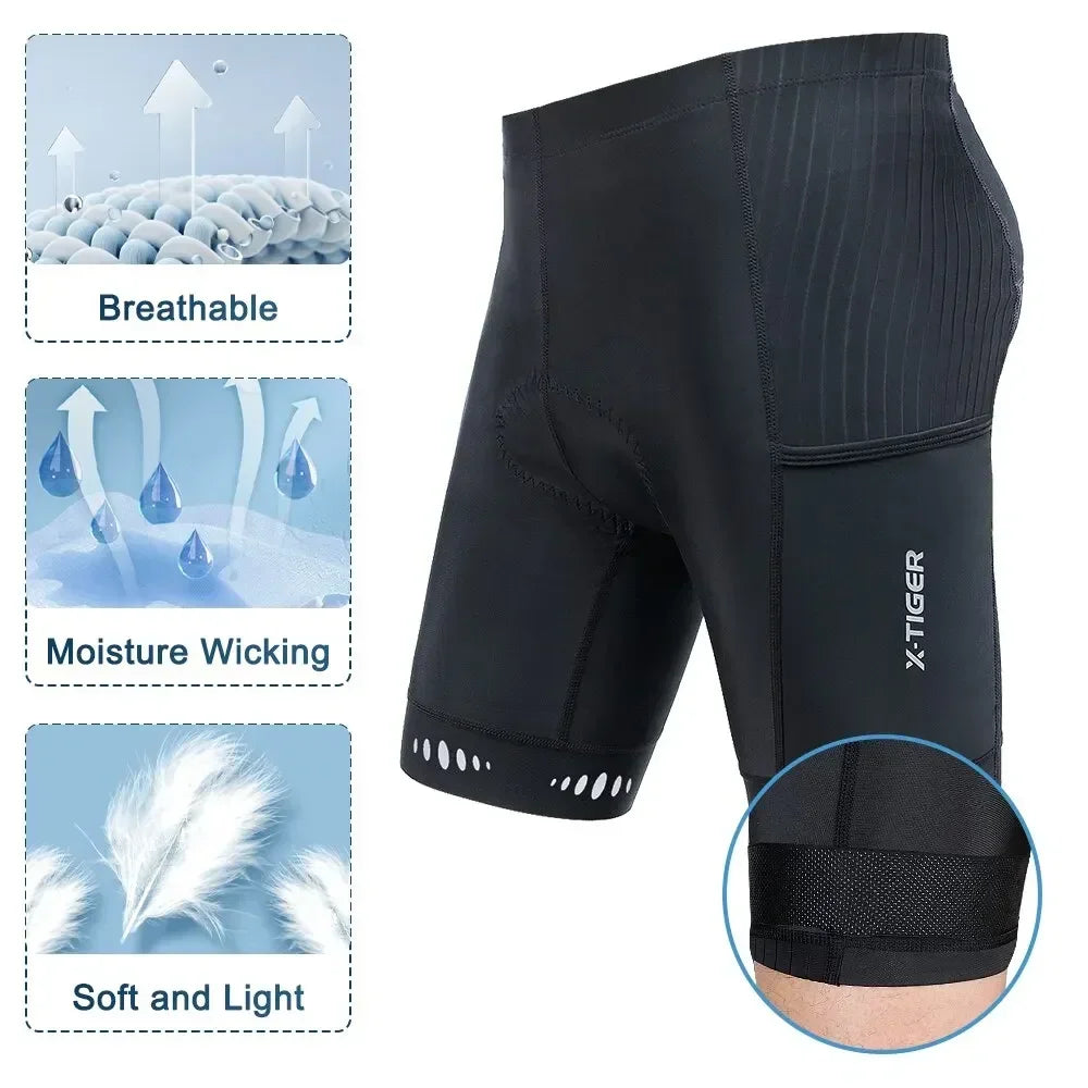 X-TIGER Men's Cycling Shorts Three Pockets 5D Gel Pad Bike Shorts Reflective MTB Mountain Road Cycling Tights