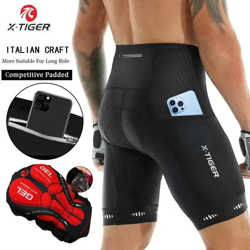X-TIGER Men's Cycling Shorts Three Pockets 5D Gel Pad Bike Shorts Reflective MTB Mountain Road Cycling Tights
