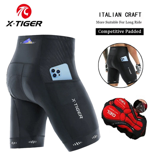 X-TIGER Men's Cycling Shorts Three Pockets 5D Gel Pad Bike Shorts Reflective MTB Mountain Road Cycling Tights